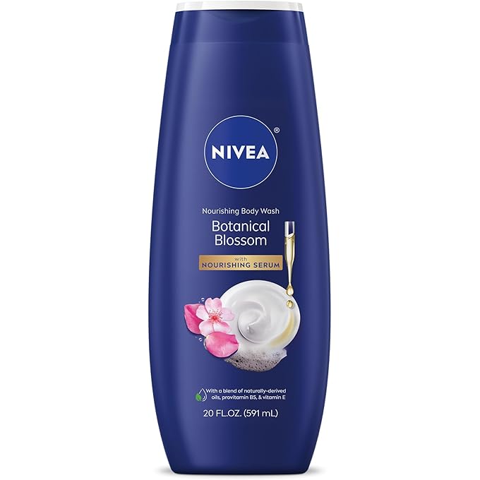 غسول الجسم NIVEA Nourishing Botanical Blossom مع سيروم مغذي، غسول مرطب للنساء، غني ببروفيتامين B5 وفيتامين E، زجاجة 20 أونصة سائلة